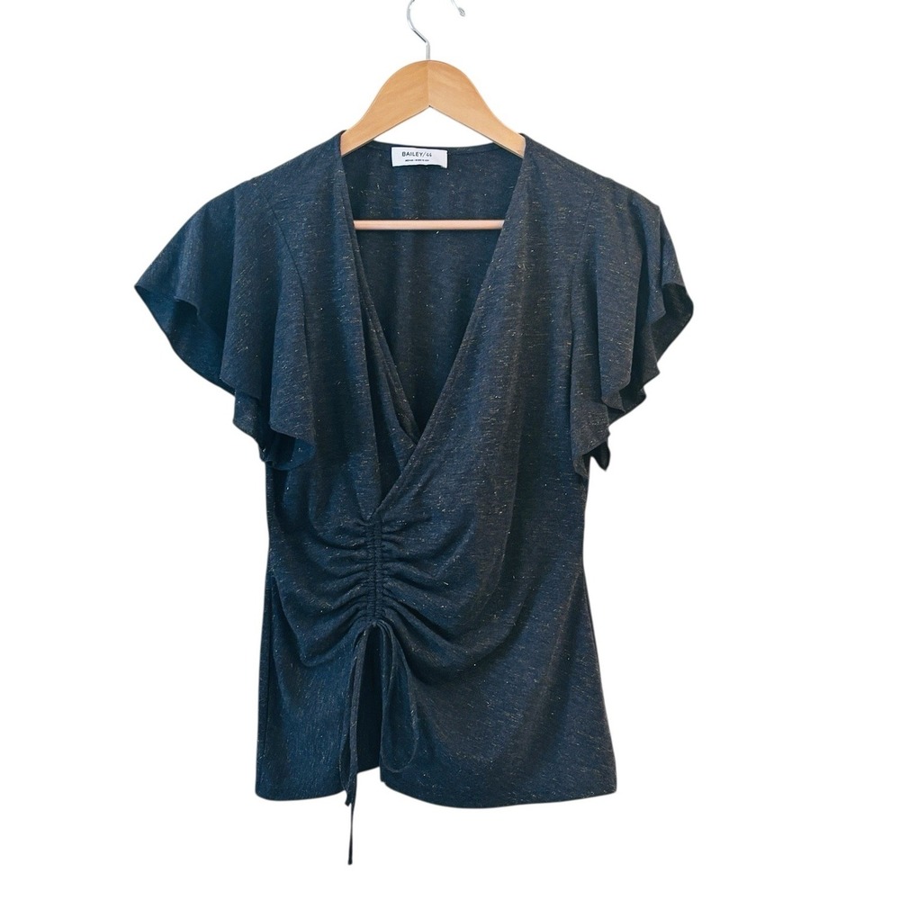 Bailey 44 Ruched V Neck Top Size S Glitter Disco Ruffle Sleeve Y2K Statement